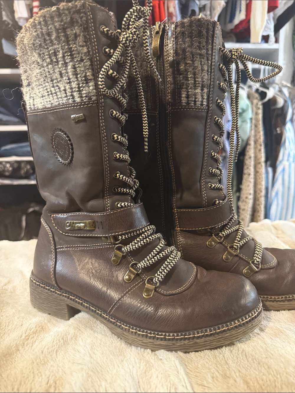 Rieker Brown Quilted Lace-Up Women's Boots with Zipper